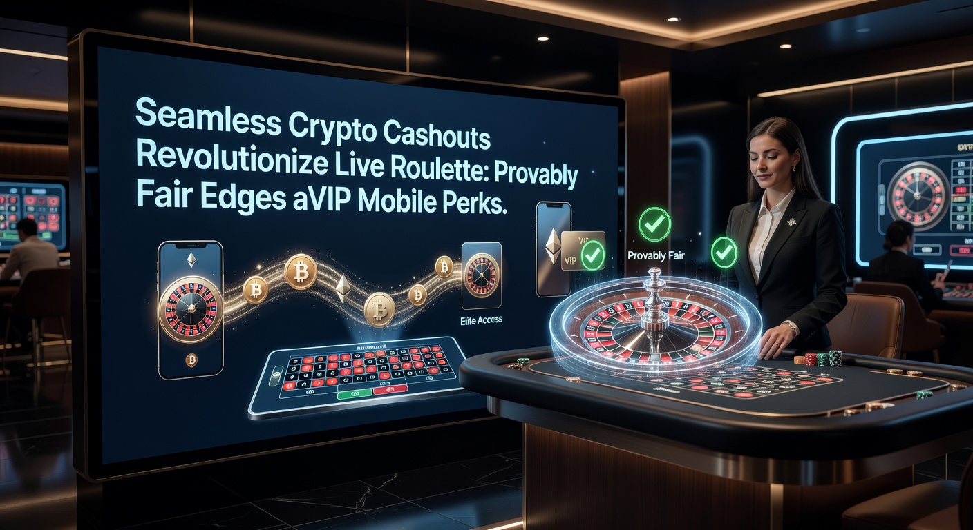 Live-Roulette-Tisch mit Krypto-Wallet-Integration und mobilen VIP-Features im Vordergrund, die nahtlose Cashouts und provably fair Algorithmen illustrieren