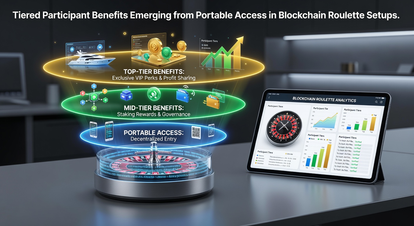 Illustration portabler Blockchain-Roulette-Zugänge mit gestaffelten Vorteilen